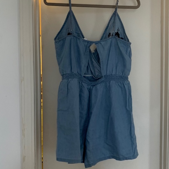 Blue Floral Spaghetti Strap Chambray Romper - Picture 3 of 3